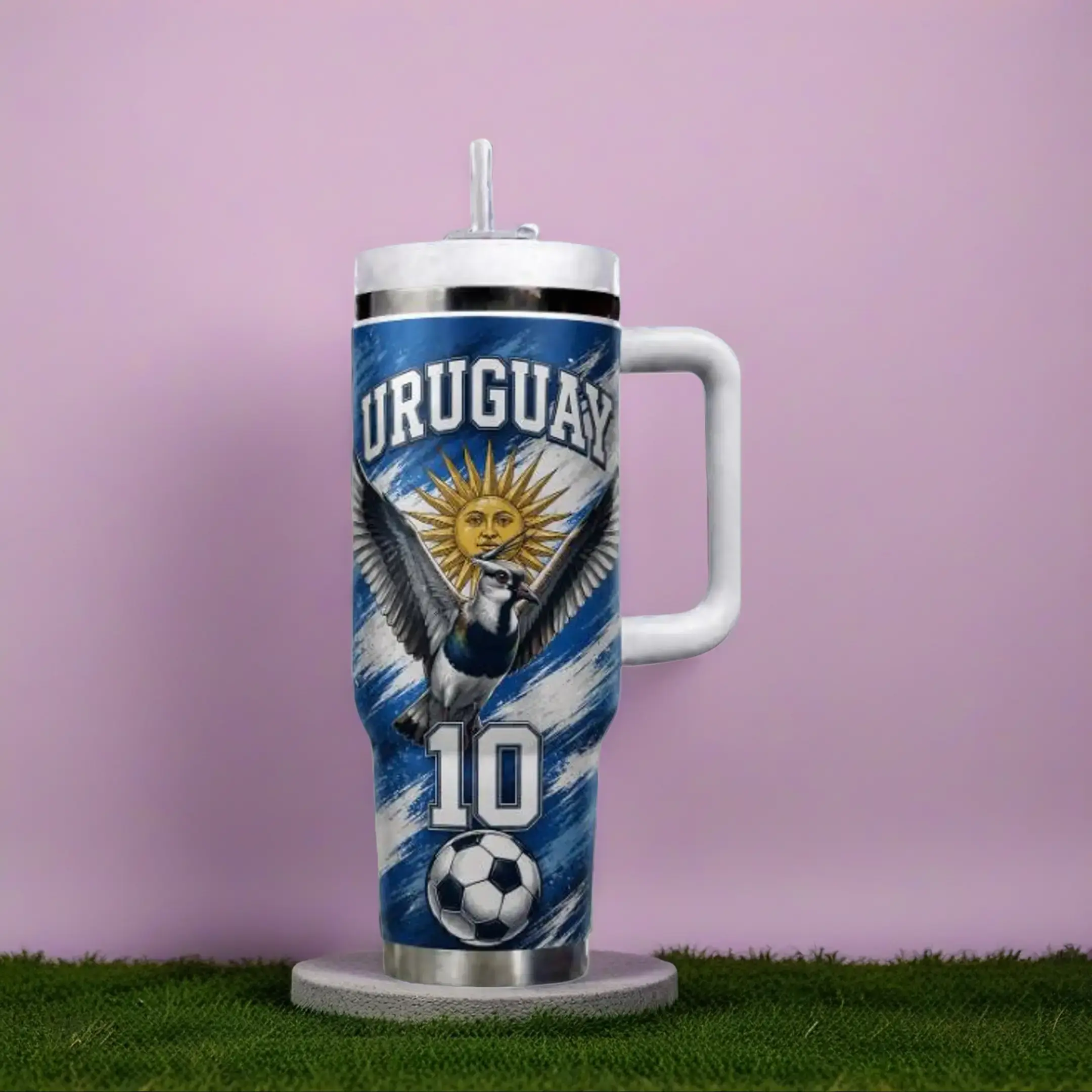 Personalized Uruguay Soccer 40oz Tumbler with Handle, Number 10 Football Fan Gift, Sun of May Travel Mug, Game Day Supporter Drinkware
