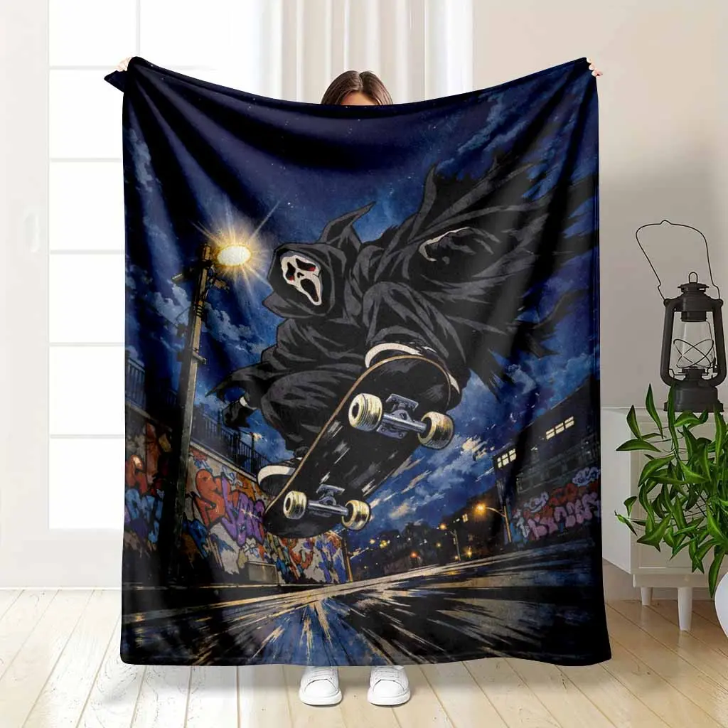 Ghostface Scream Grim Reaper Flannel Fleece Blanket - Street Skating Art Print, Soft, Cozy, Warm, Breathable Lightweight, Wrinkle Resistant - 30*40in (Small for Babies), 60*80in (Large for Adults) - Horror Lover Halloween Gift for Bed, Sofa, Breathable Li