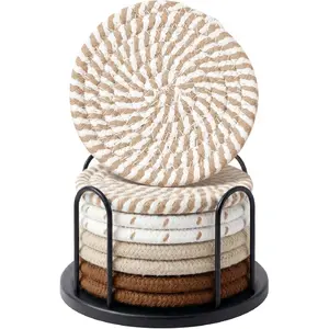 Coasters Set of 8 for Drinks, Beer, Coffee, Cotton Woven 4 Colors Absorbent Coaster with Holder, Boho Coasters for Home Decor Tabletop Protection Suitable for Kinds of Cups, Coffee
