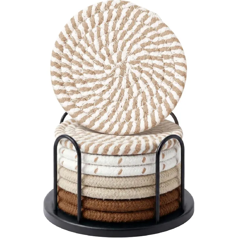 8-Pack Boho Cotton Woven Drink Coasters with 4-Inch Size, Coaster Holder, 4 Mixed Colors, Soft Absorbent, Heat Resistant Barware Tabletop Set for Bartenders, Coffee/Beer Mugs, Home Kitchen Decor