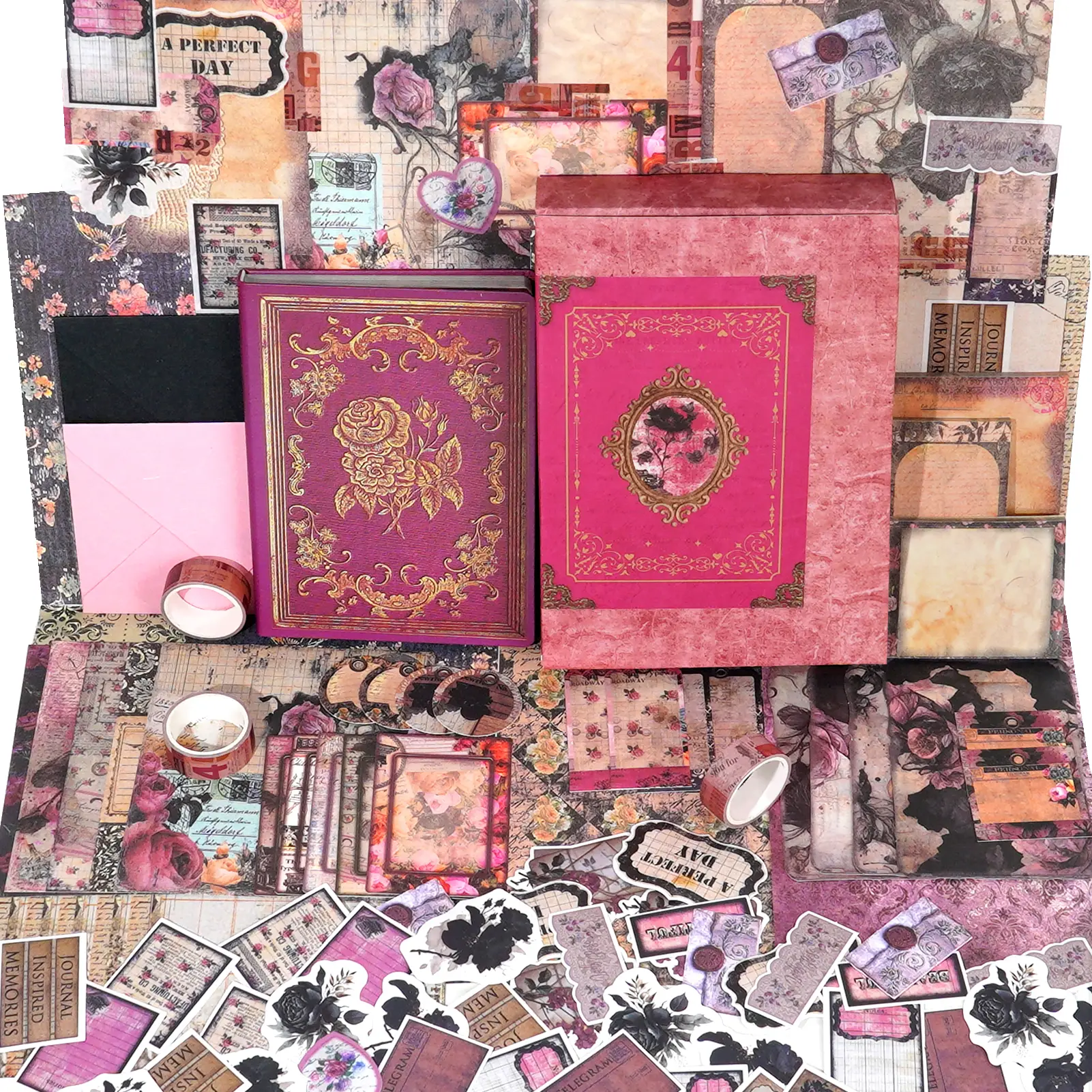 Funto Vintage Aesthetic Scrapbooking Kit-Medieval Chapter Series-Magic Books, Neruda Love, Green Forest, Rose Garden, 185 pcs, High-Quality Paper for