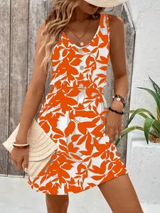 Floral Print Sleeveless V Neck Holiday Dress, Casual Fit for All Seasons, Stylish Vacation Wear for Women