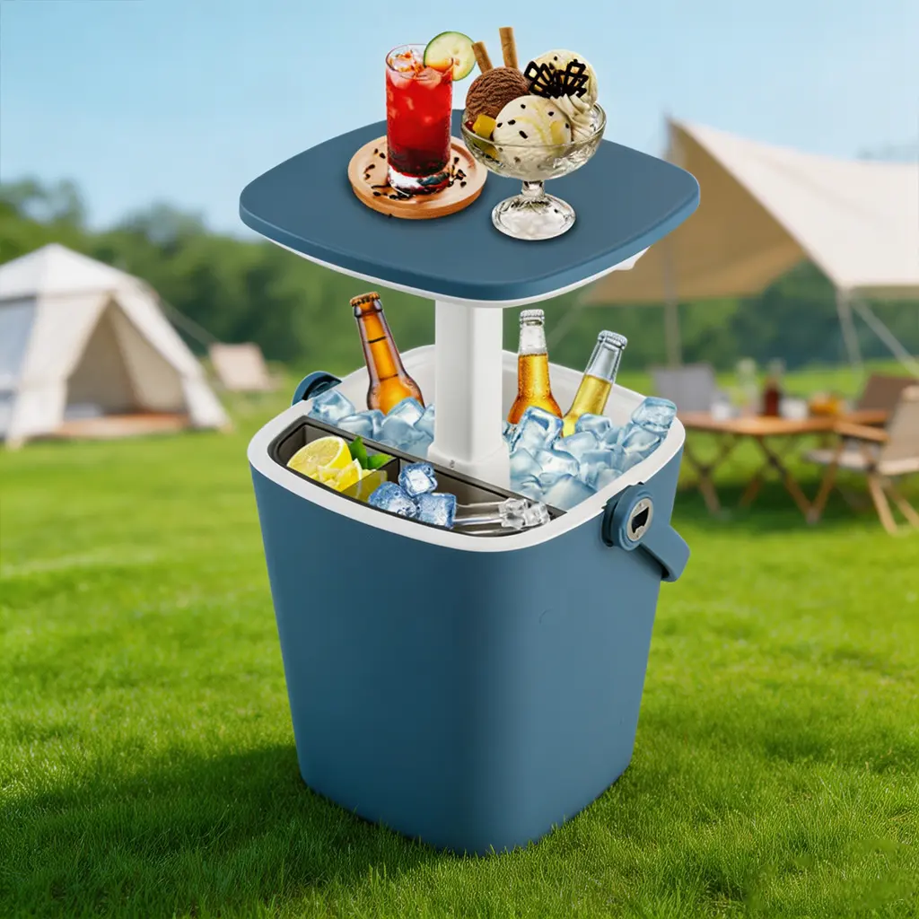 3-in-1 Functional Cooler Bar Table - 4-Gallon Capacity Insulated Leak-Proof Weatherproof PP Outdoor Cooler, Lift-Top Lid, Bottle Opener, Portable Can Holder, Lemon Slice Rack, 6.5 lbs Lightweight Camping Accessory (Large Portable, Companion for Camping)