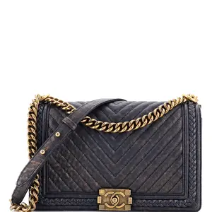 Pre-owned CHANEL Leather Shoulder Bags Braided Boy Flap Bag Patinated Chevron Caviar New Medium by Rebag