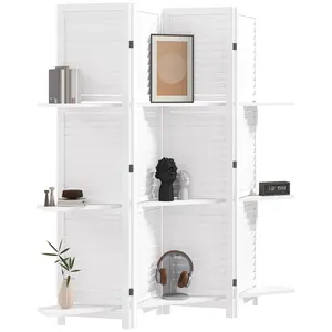 HOMCOM Room Divider, 5 Panel 67" Tall Wood Privacy Screen with 3 Display Shelves, and Folding Storage for Bedroom or Home Office, Distressed White