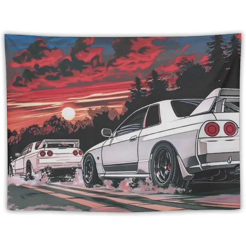 Strong Synthetic Tapestry Wall Mural - Car Flag Print with R32 Japanese Retrowave Anime JDM Racing Car Design, 40x30in & Other Size Options, Bright Home Bedroom Decor, Outdoor-Use Home Supply