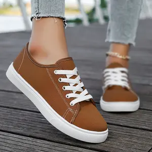 Plus Size Lightweight Canvas Women's Solid Color Low Top Sneakers, Casual Lace Up Outdoor Shoes Autumn
