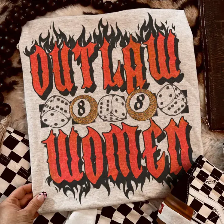 Outlaw Women Retro Western Graphic T-Shirt, Edgy Red Flame Gothic Lettering Tee, Vintage Style 8-Ball & Dice Biker Shirt, Southern Rock n Roll Aesthetic Top, Y2K Grunge Cowgirl Apparel