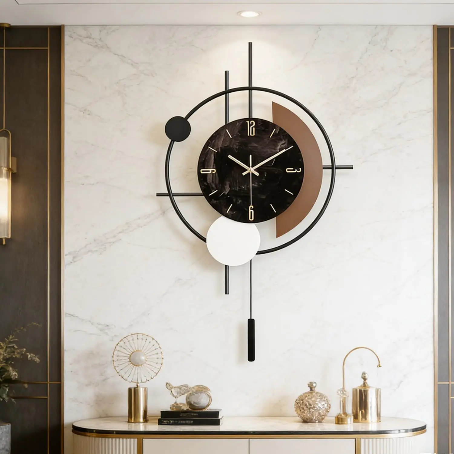 FILLOVE Wall Clock, Silent Quality Quartz Battery Operated with Pendulum, Large Wall Clock for Living Room Kitchen Home Bathroom Bedroom Wall Decor, 18x29.5inch(Black)