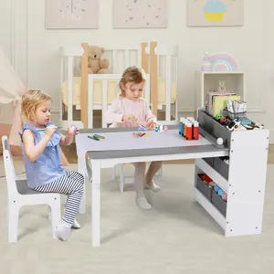 Wooden Kids Table and 2 Chairs, Toddler Activity and Study Table Furniture,Set with 4 Storage Shelves and Paper Roll,Toddler Craft Drawing Desk,for Daycare, Game Room,Living Room