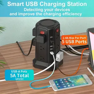 16.4FT Extension Cord Power Strip Tower Surge Protector, 12 AC Outlets, 5 USB Charging Ports Desktop Charging Tower Station For Multiple Devices Home Office Dorm Room Essential