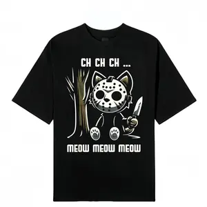 Funny retro pattern cat movie horror T-shirt cotton casual summer T-shirt, fashionable top round neck T-shirt suitable for Halloween wear and gifts
