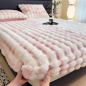 Luxury Thick Faux Rabbit Fur Fitted Sheet Set Plush Warm Winter Bed Sheet Mattress Cover Full Wrap Protection for Double Bed Soft Cozy Bedding Three Piece Set Modern Bedroom Home Textile TikTok Shop Trending met stopper festive  winter  decor