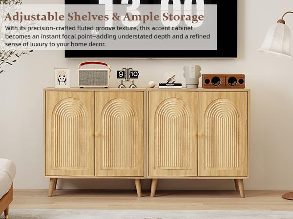 Giratree 31.5" Accent Storage Cabinet, Arched Fluted 2-Door Sideboard | Seamless arched fluted doors, adjustable shelf, soft-close hinges, tapered solid wood legs for versatile room storage