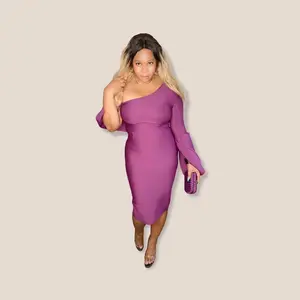 Plain off the shoulder Flared Sleeve Slim Fit body-con Dresses-purple Slim-fitting Plain Casual Womenswear Chic Women Lady Casual Wear Zipper Straight