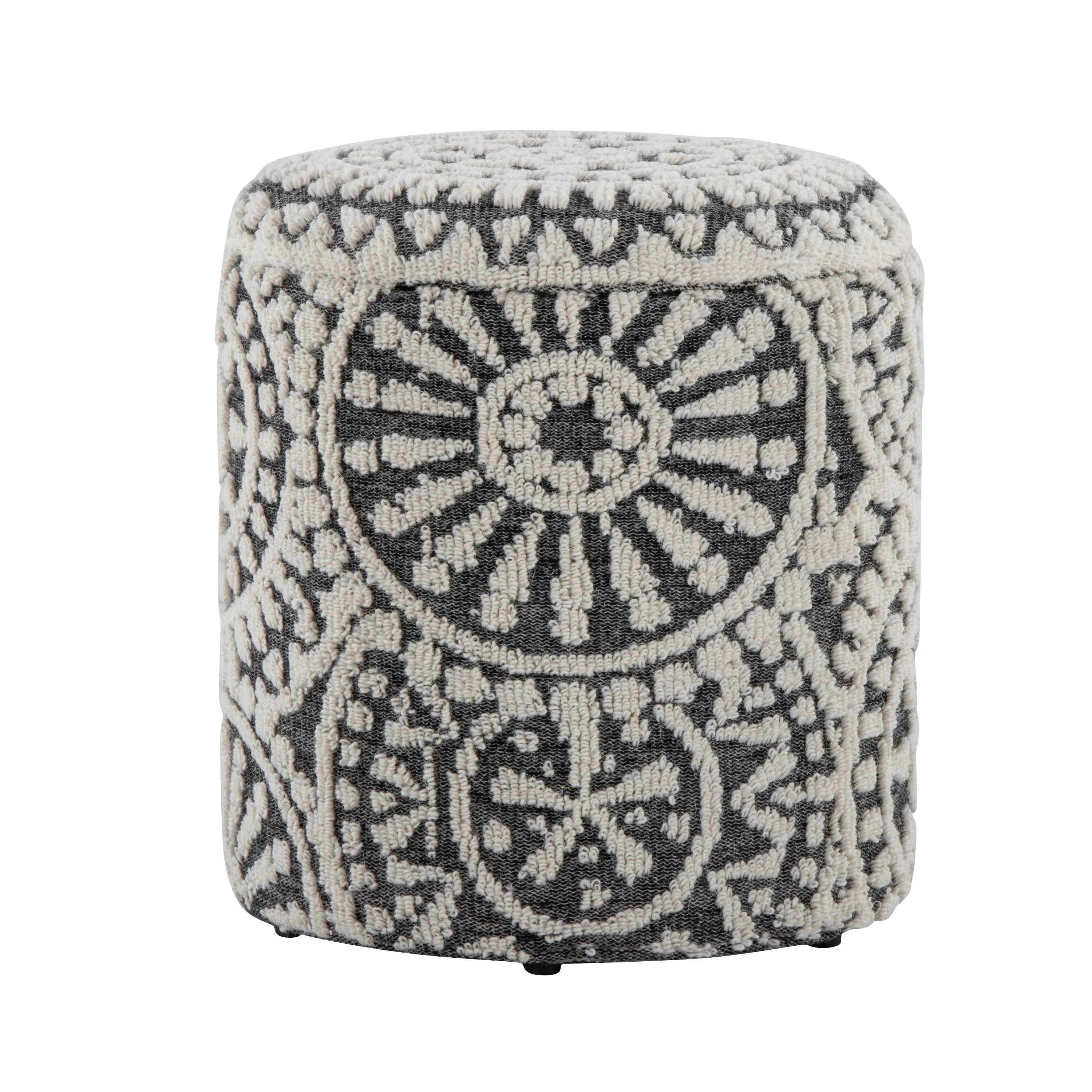 Handwoven Wool Storage Ottoman with Tufted Knotted Design, Black and Ivory, 18 Inches