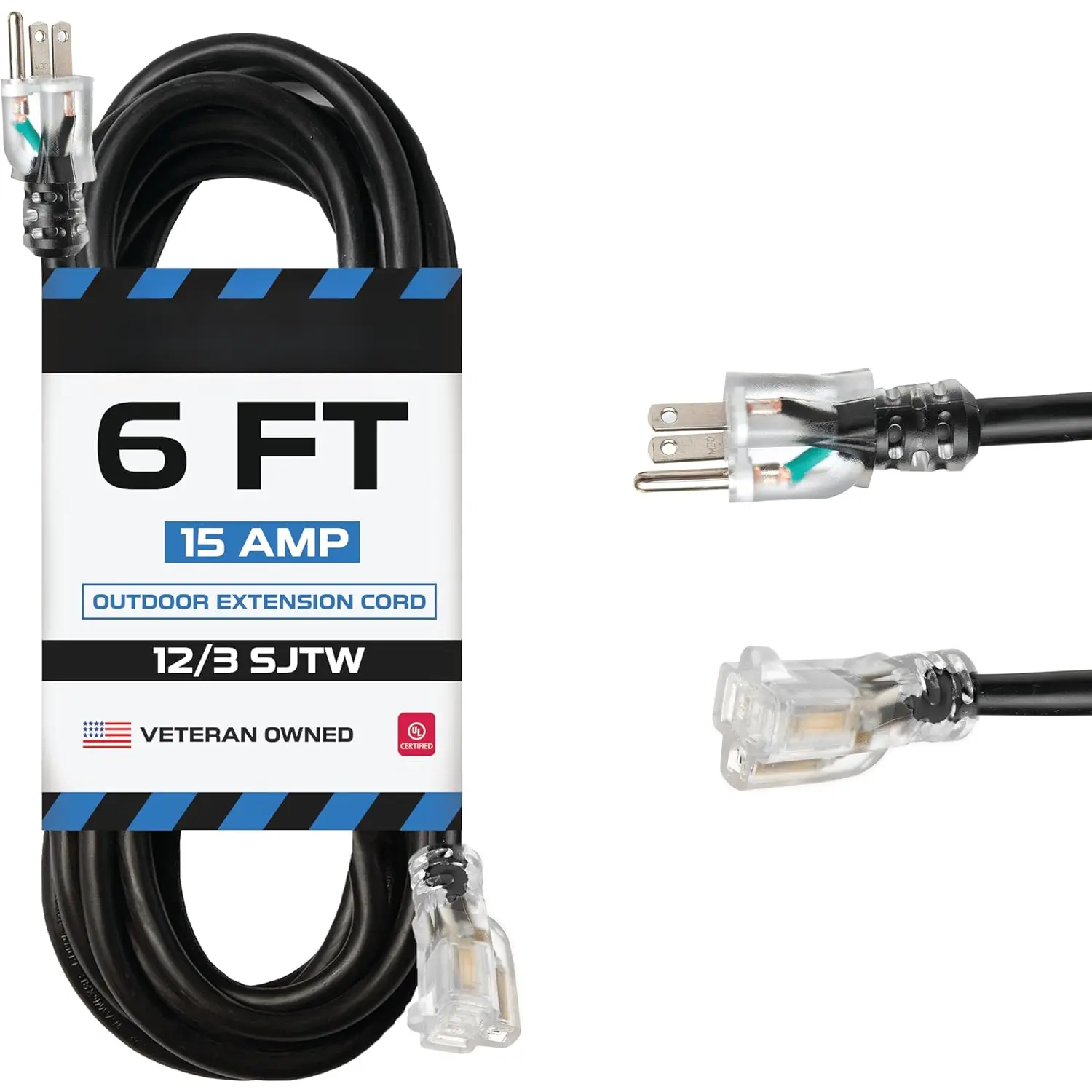 12 Gauge Outdoor Extension Cord 6 Ft, SJTW 12/3 Heavy Duty Extension Cord 3 Prong, Flame Retardant Black Electric  - Lighted End