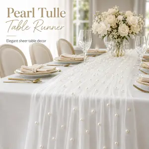 Elegant Pearl Tulle Table Runner, Sheer White Wedding Reception Decor for Bridal Shower, Baby Shower, Birthday Party Dessert Table, Anniversary Dinner Centerpiece
