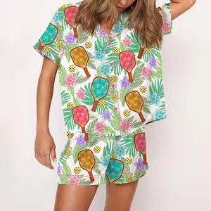SHESHOW Tropical Pickleball Silky Satin Pajama Set For Women Print Comfy Satin Sleepwear & Loungewear Pjs Printing Silky Top & Bottoms