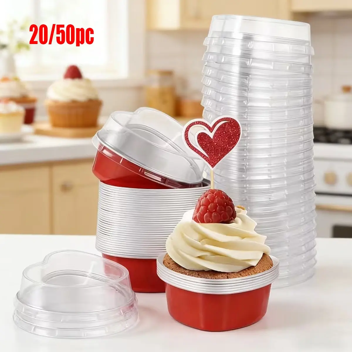 Heart-Shaped Aluminum Foil Cake Cups with Lids, Heat-Resistant Baking Molds, Ideal for Oven, Air Fryer, Steamer, Festive Occasions, Cake Baking Supplies