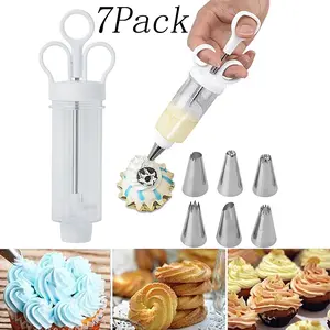 7 Pack Cupcake Icing Piping Kit,Plastic Reusable Cupcake Injector with 6 Stainless Steel Icing Nozzles,Suuker Cake Decorating Gun,for Cooking Baking