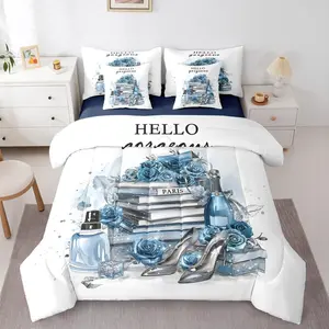 Girly Blue Comforter Set with Sheets, Silver Fashion Bed in a Bag,Gray Teal High Heels Magazine Books Floral 7 Piece Bedding Set