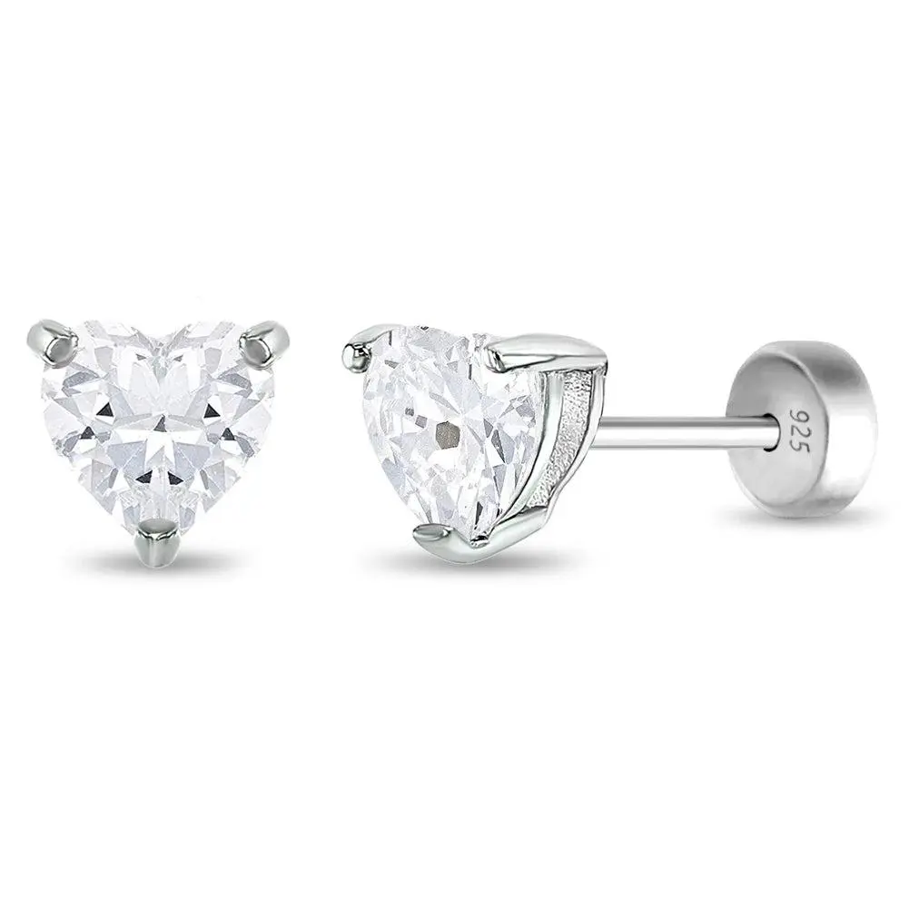 Solitaire Heart Kids / Children's / Girls Earrings Safety Push Back - Sterling Silver