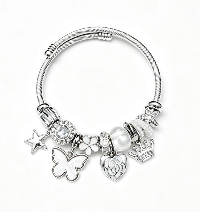 White Fairy Charms Twisted Wire Bangle Bracelet, Butterfly Crown Star Pearl Dangle Beads Jewelry Gift for Women Girls