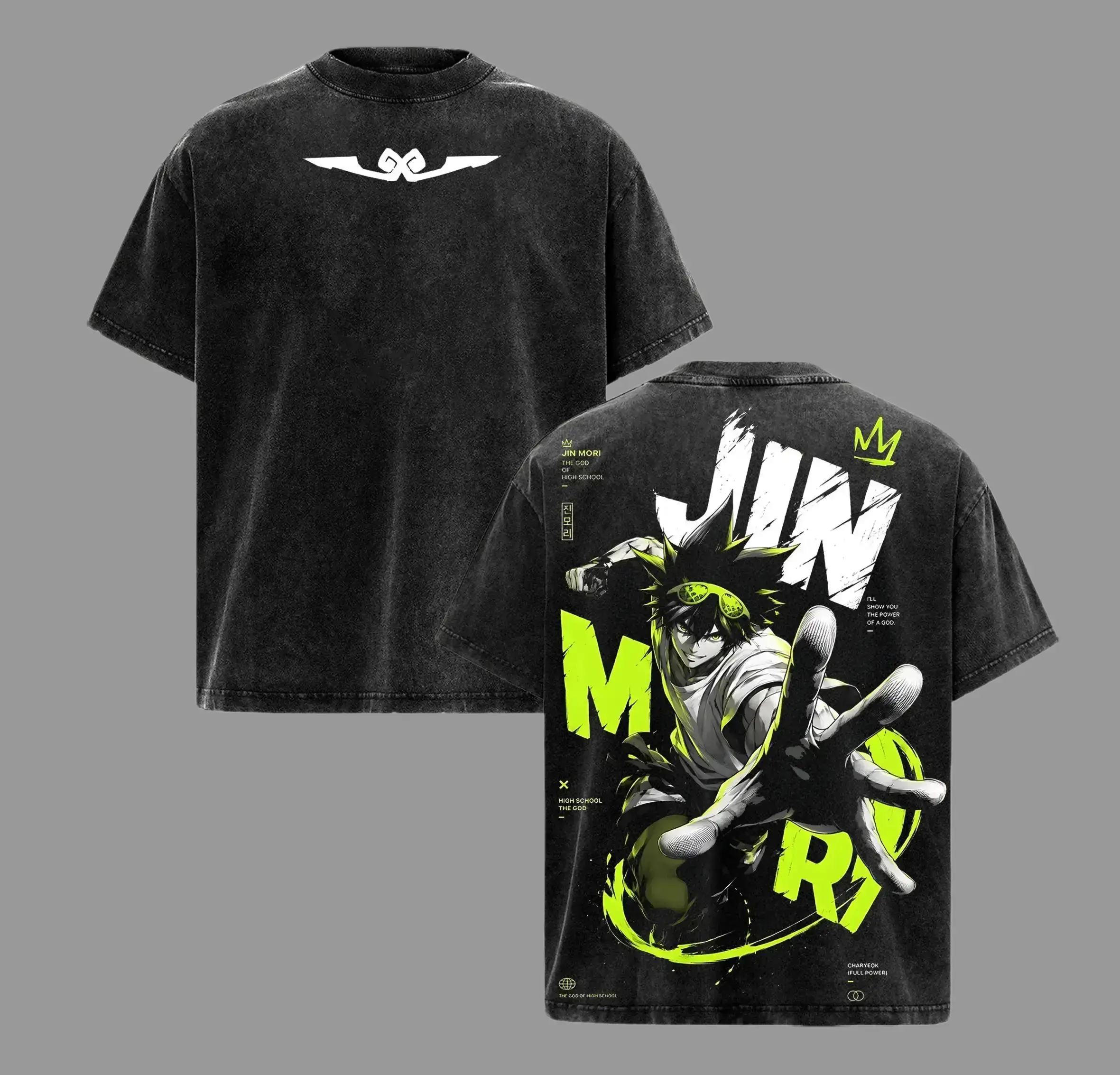 Jin Mori The God Of High School Vintage Washed Oversized Anime Tee Premium Cotton Graphic T-Shirt Monkey King Webtoon Merch For Men Women Streetwear Sun Wukong Action Anime Top Y2K Harajuku Fashion Heavyweight Trendy TikTok Clothes Apparel Best Gifts