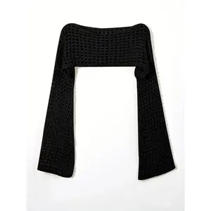 Women's Y2K Plain Hollow Out Flounce Sleeve Super Crop Cover Up, Casual Long Sleeve Boat Neck Knit Top for Daily Wear, Ladies Clothes for Fall