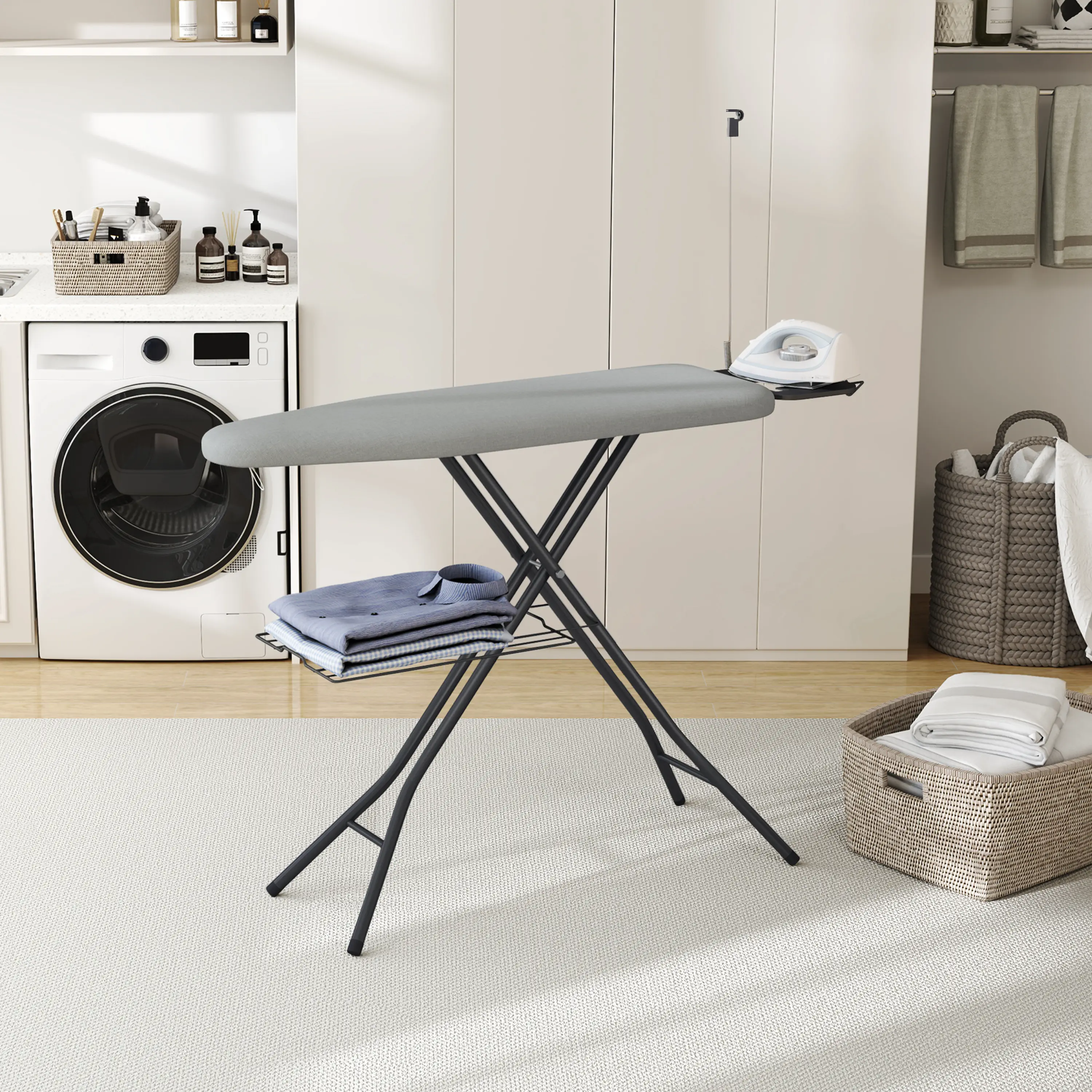 Costoffs Full Size Ironing Board with Clothes Rack Foldable & Height-adjustable Iron Table with Cord Holder/4 Legs/4-layer Pad for Laundry/Living Room/Dormitory, Beige/Gray