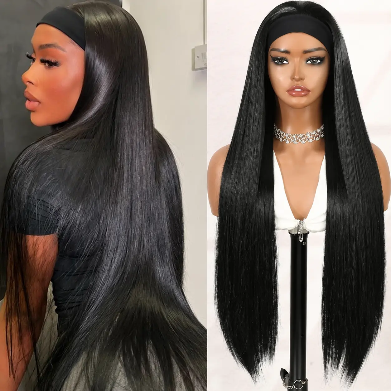 Glueless Headband Wig for Women - Synthetic Straight Glueless Non-Lace Front Full Machine-Made Wig, Natural Black, 200% Density, Synthetic Wigs