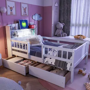 Twin Size Platform Bed Frame with Built-in LED Light, Storage twin bed frame with Multi-functional Headboard, Guardrail and 2 Drawers, Solid Wood Twin Bed with Strengthened Slats