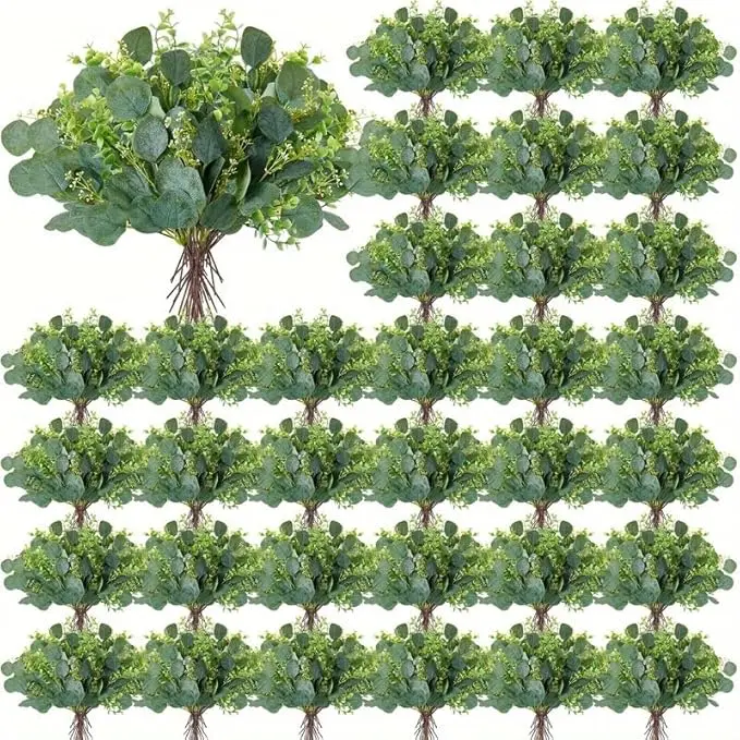 100 Artificial Eucalyptus Branches with White Seeds Green Decorative False Leaf Branches for Wedding Bouquet Center Ornament Floral Farmhouse Home Decoration Fruit Plants, Artificial Plants Decor, Plant Decor