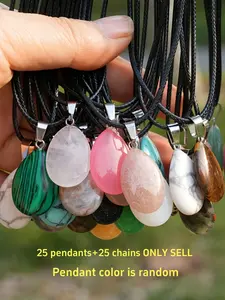 25Pcs Natural Stone Mix Crystal Drop Pendants with Black Leather Necklace DIY Jewelry Making Kit Random Color Bohemian Teardrop Bead Necklaces Set