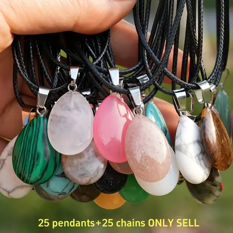 25 Pcs Natural Stone Teardrop Pendants with 25 Black Leather Necklaces, Random Color Bohemian Crystal Drop DIY Jewelry Making Supplies for Crafting