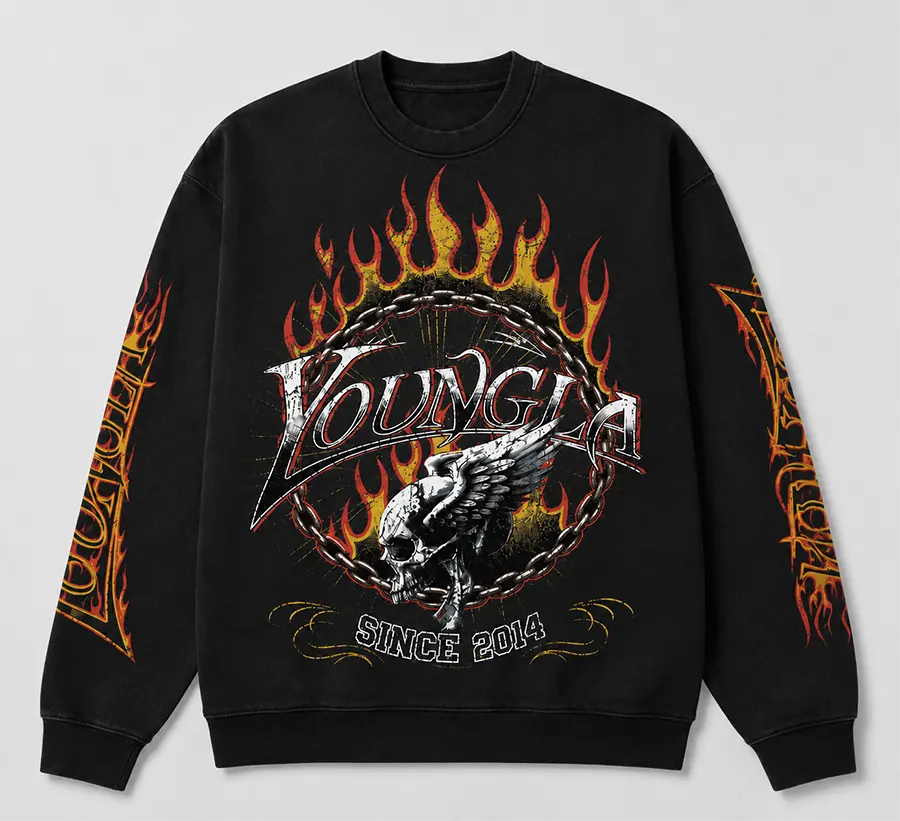 YLA Winged Skull Flame Sweatshirt, Chain Graphic Crewneck with Sleeve Print