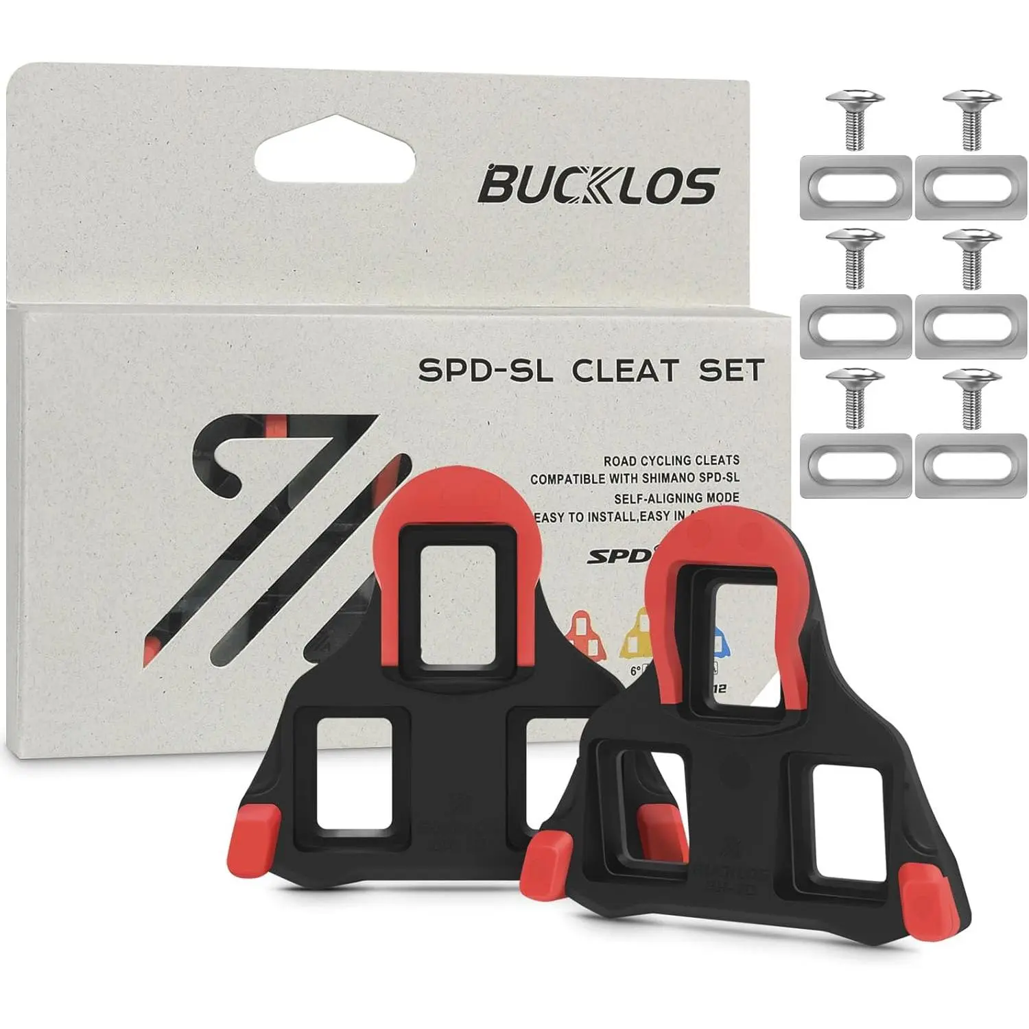 BUCKLOS SPD-SL Compatible Road Bike Cleats Set (Set Includes 2 Cleats, 6x Screws) - 3-Hole Cycling Shoes Compatible, 0/2/6 Degree Float, Easy Install for Shimano Dura-Ace & RS550 Pedals, Road Biking