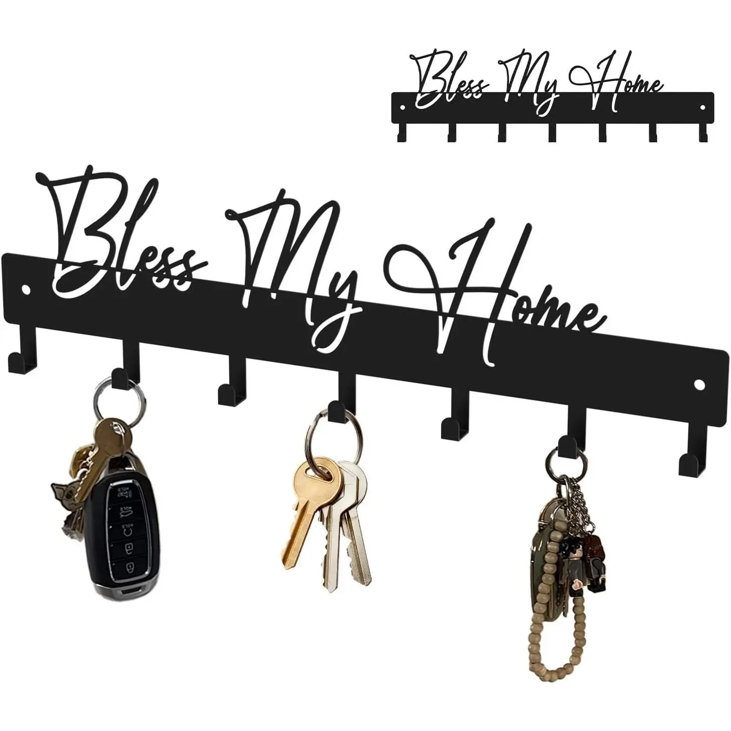 Exquisite Fashion Phrase Key Holder Wall Mount,Bless My Home Key Kooks for Wall Decoration,Black Metal Key Hanger with 7 Kooks for Entryway,Office,Living Room Decor