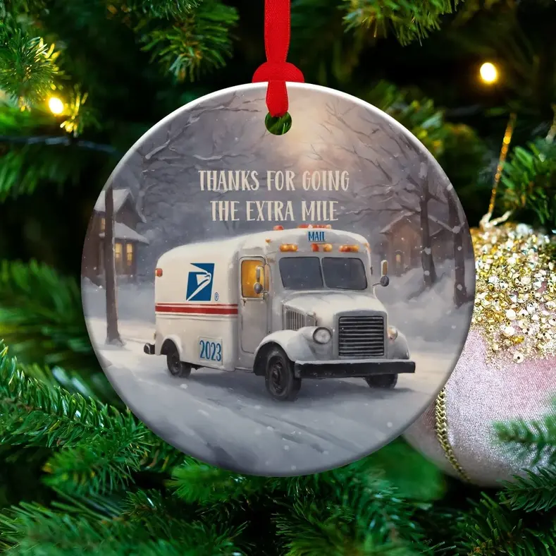 Mail Carrier Ornament, Christmas Decoration, Holiday Gift Idea, Heirloom Keepsake, Round Ceramic, Bauble Present