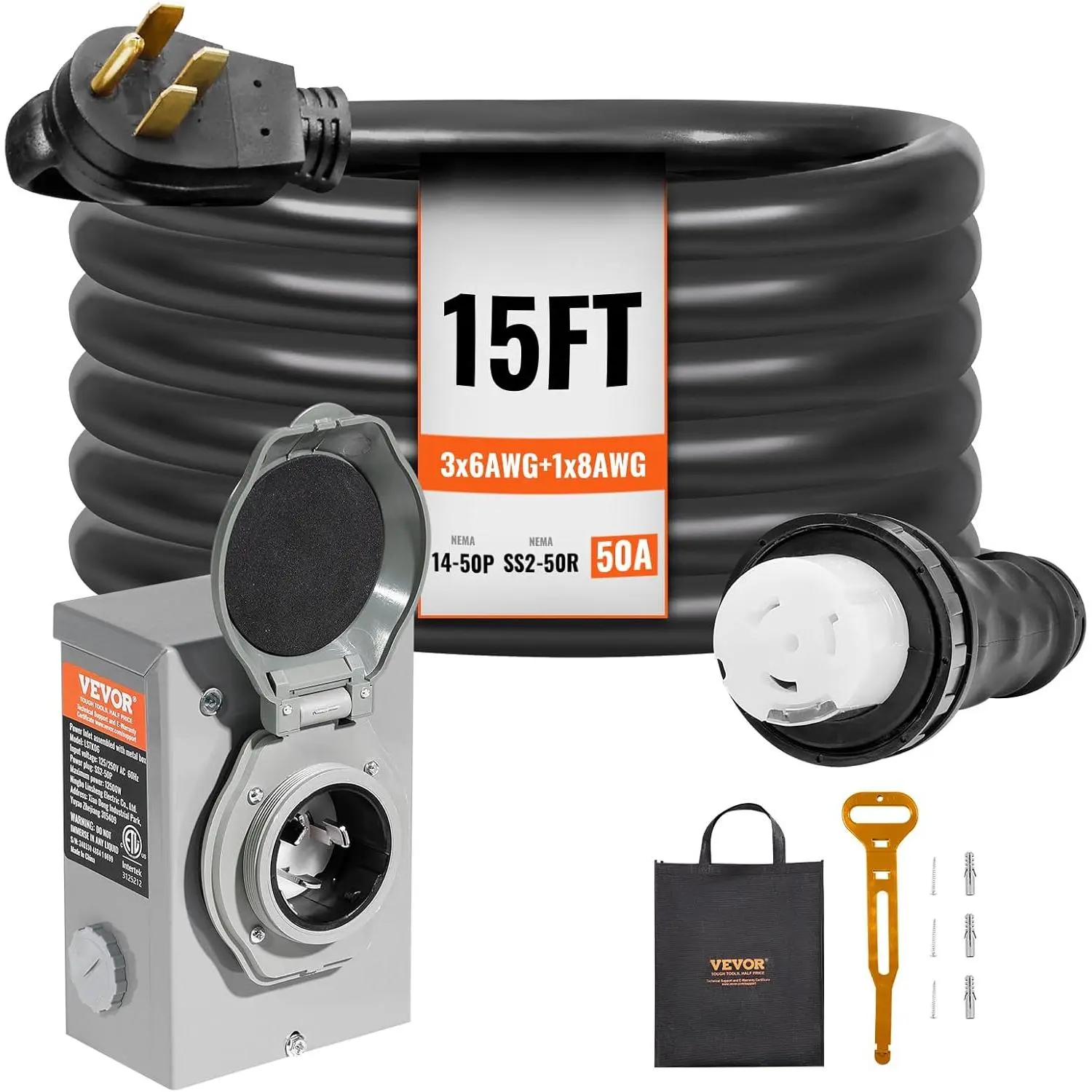 【FathersDayGift】 VEVOR 50 Amp Generator Cord and Power Inlet Box Kit, 15FT Generator Extension Cord NEMA 14-50P/SS2-50R STW 6/3+8/1 AWG with Twist Lock Connector, Pre-Drilled Inlet Box, ETL Listed, Home Backup Generator