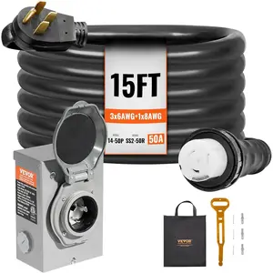 VEVOR 50 Amp Generator Cord and Power Inlet Box Kit, 15FT Generator Extension Cord NEMA 14-50P/SS2-50R STW 6/3+8/1 AWG with Twist Lock Connector, Pre-Drilled Inlet Box, ETL Listed