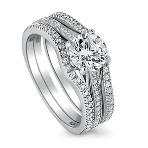 BERRICLE Sterling Silver Solitaire Wishbone Engagement Rings Stackable Band for Women, 1 Carat Round Cut Cubic Zirconia CZ Ring Set