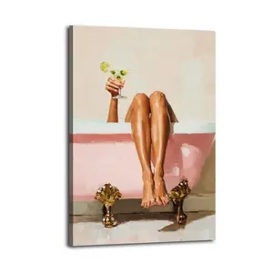 Modern Bathroom Wall Art Printable Pink Bathtub with Martini Glass Digital Artwork Feminine Self Care Cocktail Decor for Home Spa Wall Decor Art,Canvas Poster, Artistic Poster for Bathroom, Bedroom, Kitchen and Living Room, and A Funny Decor For Home