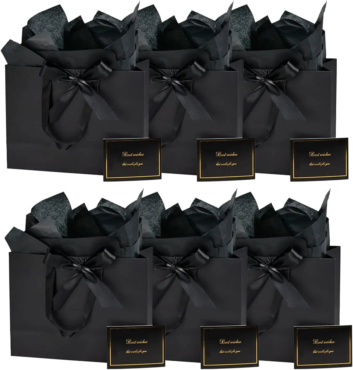 6-Pack Large Black Gift Bag Set (13x5x10 in) with Tissue Paper, Greeting Card, Includes Ribbon, Office Gift Wrapping Kits for Clothing, Birthday, Wedding Favors