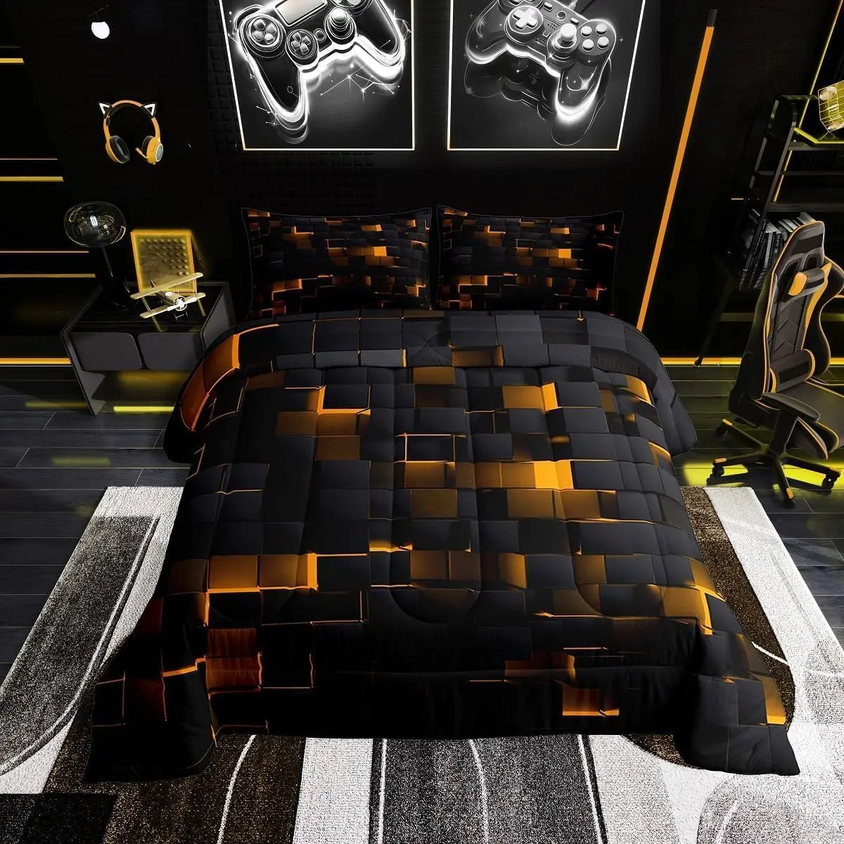 Black and Orange Comforter Set Neon Geometric Checkered Bedding Set Adults Men,Stereoscopic Grid Plaid Comforter Glowing Square Bed Duvet Set