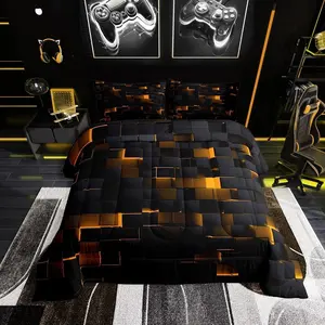 Black and Orange Comforter Set Neon Geometric Checkered Bedding Set Adults Men,Stereoscopic Grid Plaid Comforter Glowing Square Bed Duvet Set