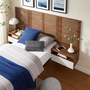 Render Wall Mount Twin Headboard and Modern Nightstands in Walnut