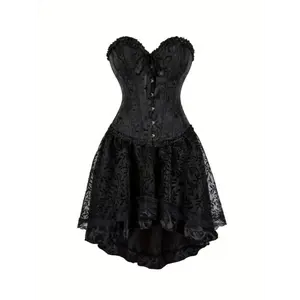 [1pc Sexy Bodysuit With Mesh Skirt] 1pc Sexy Tunic Waist Vest Girdle European And American Court Bodysuit With Black Mesh Dance Skirt Prom Bodysuit With Skirt