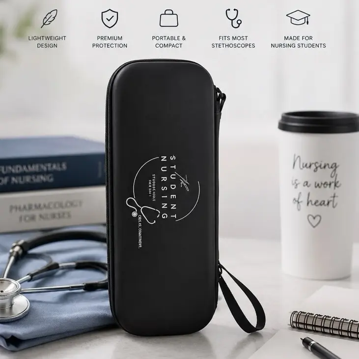 Student Nursing Essentials Stethoscope Case with Divider| Lightweight | Portable | Black | Fits Majority of Brands